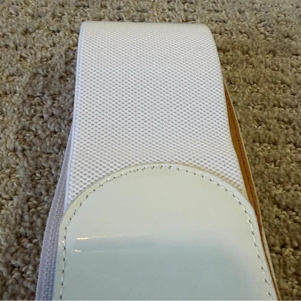 Womens White Patent Leather Belt Wide Size M/L Retro Y2K Mesh Stretch Vintage